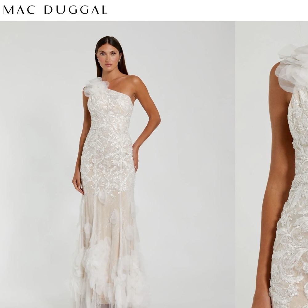Mac Duggal beaded strappy one shoulder petal mermaid gown